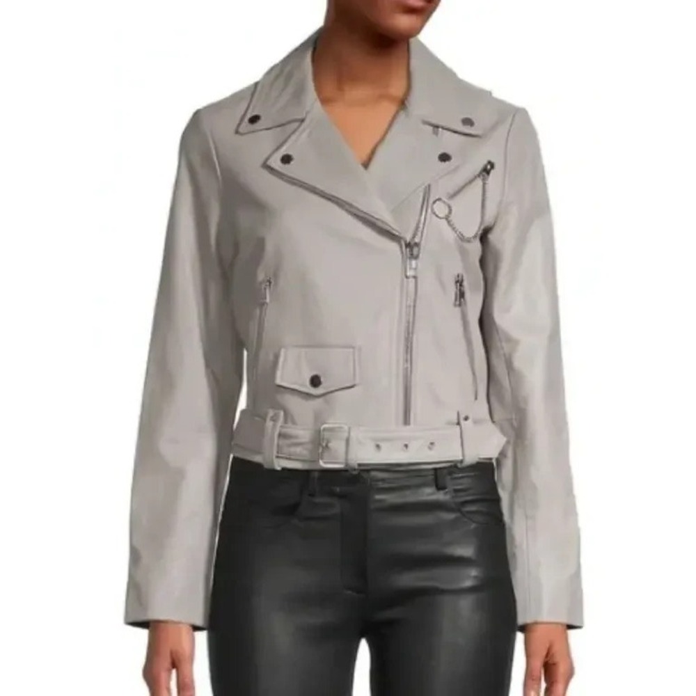 Maje Gray Leather Motorcycle Biker Jacket Belted Women EU Size 36 $745rt